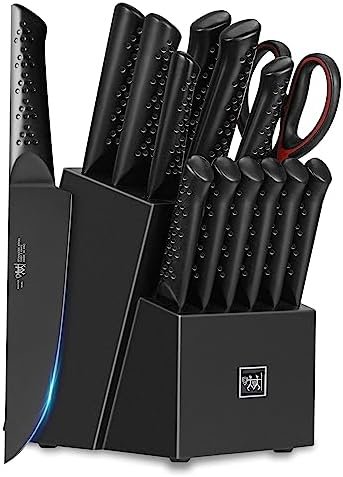 Knife Sets for Kitchen with Block, HUNTER.DUAL 15 Piece Knife Set with Built-in Sharpener, Dishwasher Safe, German Stainless Steel, Elegant Black