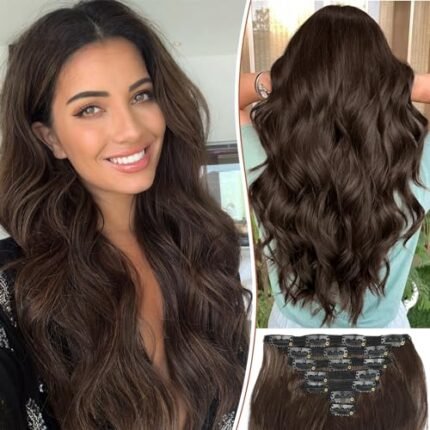 KooKaStyle Clip in Hair Extensions for Women,Chocolate Brown with Dark Brown 7PCS 20 Inch Hair Extensions Clip Ins Soft and Natural Hair Pieces for Women Thick Long Wavy