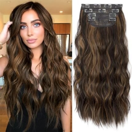 KooKaStyle Clip in Long Wavy Synthetic Hair Extension 20 Inch 4PCS Balayage Dark Brown to Chestnut Hairpieces Fiber Thick Double Weft Hair Extension for Women