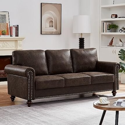 LAVHOME 80 Inch Chesterfield, Modern 3 Seater Couches with Rolled Arms and Nailhead, Classic Tufted Upholstered Leathaire Fabric Sofa for Living Room, Dark Brown