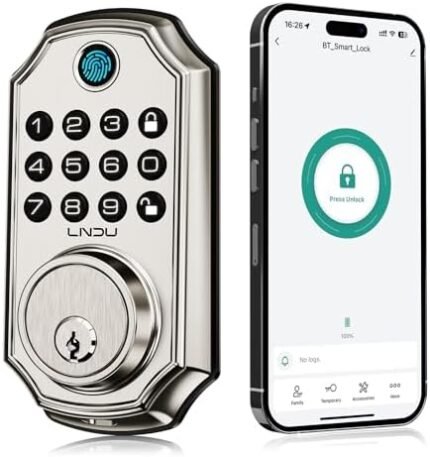 LNDU Fingerprint Keypad Smart Door Lock with App Control, Smart Deadbolt with 100 Code, Anti-Peeking Password, One Time Passcode, Easy to Install, Zinc