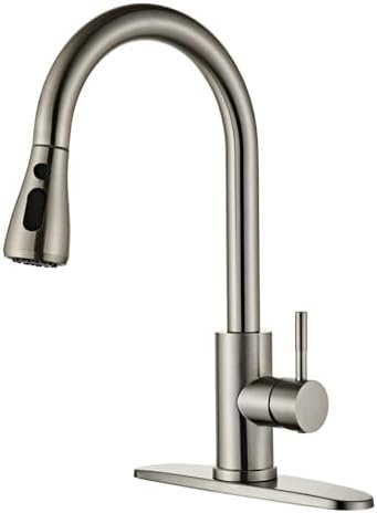 LOUEVIDO Kitchen Faucet with Pull Down Sprayer Brushed Nickel, High Arc Single Handle Sink Deck Plate, Commercial Modern rv Stainless Steel Faucets, Grifos De Cocina