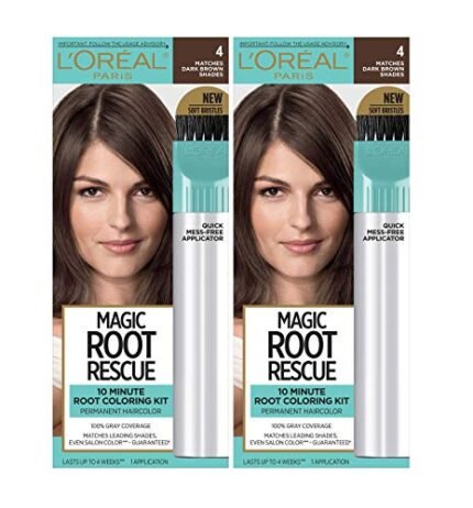 L'Oreal Paris Magic Root Rescue 10 Minute Root Hair Coloring Kit, Permanent Hair Color with Quick Precision Applicator, 100 percent Gray Coverage, 4 Dark Brown, 2 count