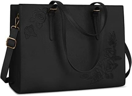 Laptop Bag for Women Waterproof Lightweight Leather 15.6 Inch Computer Tote Bag Business Office Briefcase Large Capacity Handbag Shoulder Bag Professional Office Work Bag Black