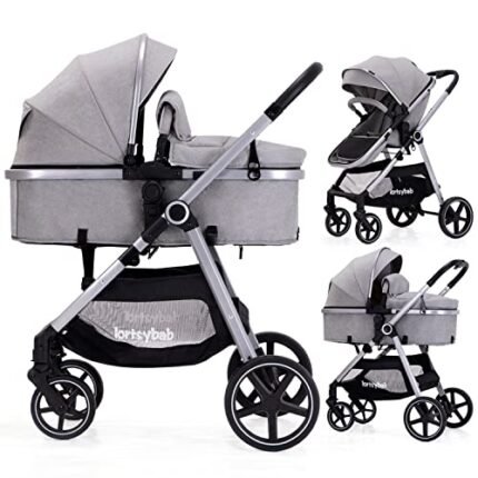 Lortsybab 2-in-1 Baby Stroller with Bassinet Mode - Folding Infant Newborn Pram Stroller with Reversible Seat - Toddler Strollers for 0-36 Months Old Babies (Gery)