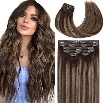 Loxxy Ultra Seamless Hair Extensions Clip in PU Weft Thick Remy Human Hair Clip in Extensions Rooted Dark Brown to Chestnut Brown Mixed With Dark Brown Natural Hair Extensions 7PCS 110G 16inch #R2-2/6