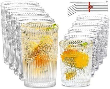 Lvtrupc 10Pcs Vintage Drinking Glasses - Romantic Highball Glasses & Rocks Glasses, Striped Glass Tumbler Cups for Water Coffee Juice Cocktail, Luxurious Floral Embossed Clear Glassware Set