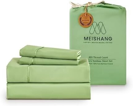 MEISHANG Bamboo Sheet Set Queen Size - 100% Pure Organic Viscose - 400TC Bamboo Cooling Bed Sheets Set - Fit 16 Inch Deep Pocket - 4 Piece Set Silky Soft Luxury - Queen, Light Green