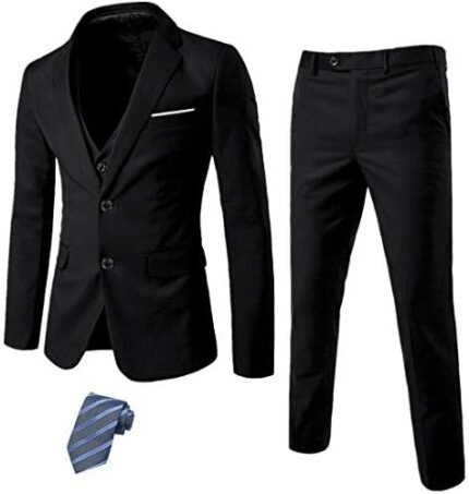 MY'S Men's 3 Piece Slim Fit Suit Set, 2 Button Blazer Jacket Vest Pants with Tie, Solid Wedding Dress Tux and Trousers