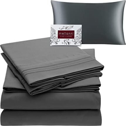 Mellanni Bed Sheet Set + Silk Pillowcase Bundle&Save - Hotel Luxury Bedding Sheets & Pillowcases - Bundle Includes: 4pcs Bed Sheet Set and 1 Mulberry Silk Pillowcase for Hair and Skin (King, Gray)