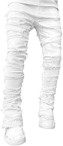 Men's Black Stacked Jeans Ripped Jeans Patch Distressed Destroyed Denim Trousers Streetwear Men Pants Daily Fit