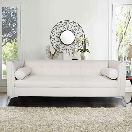 Mid-Century Linen Fabric Chesterfield Sofa Couch, Modern Love Seats Sofa Furniture, Upholstered Button Tufted Couch with 2 Bolster Pillows for Living Room Apartment, White