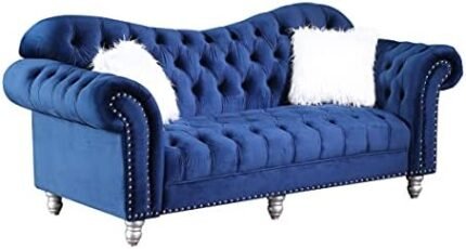 Morden Fort Chesterfield Sofa, 76" W Velvet Tufted Upholstery Sofas, Classic Couches for Living Room Furniture Sets, Blue