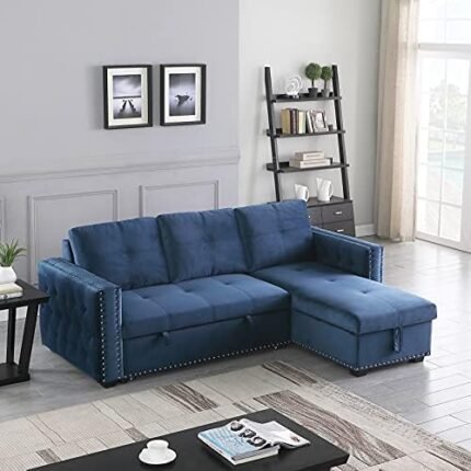 Morden Fort Velvet Reversible Sleeper Sectional Sofa L-Shape 3 Seat Sectional Couch with Storage Navy Blue