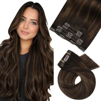 Moresoo Clip in Hair Extensions Balayage Remy Hair Extensions Clip in Human Hair Darkest Brown Mixed Chestnut Brown Double Weft Ombre Hair Extensions Real Human Hair Clip ins 14Inch 70g 5pcs