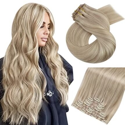 Moresoo Seamless Clip in Hair Extensions Human Hair Blonde Highlight Remy Clip in Extensions Human Hair Ash Blonde with Blonde Highlight Hair Extensions Real Human Hair Clip ins 18 Inch 7pcs 120g