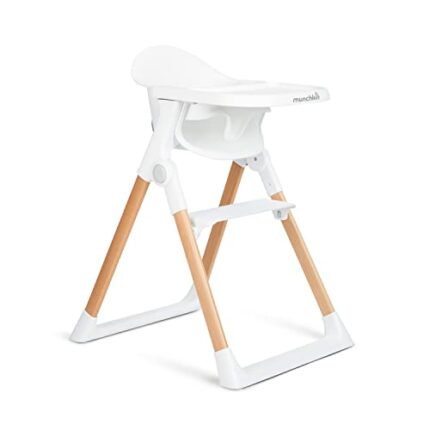 Munchkin® Float™ Foldable Baby and Toddler High Chair - Easy Clean, Compact and Lightweight, Great for Small Spaces, White with Wooden Legs