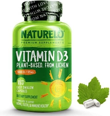 NATURELO Vitamin D - 5000 IU - Plant Based from Lichen - Natural D3 Supplement for Immune System, Bone Support, Joint Health - High Potency - Vegan - Non-GMO - Gluten Free - 180 Capsules