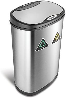 NINESTARS DZT-50-13R Automatic Touchless Infrared Motion Sensor Trash Can/Recycler, 13 Gal 50L, Stainless Steel Base (Oval, Black/Silver Lid)