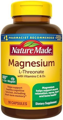 Nature Made Magnesium L-Threonate with Vitamin C & Vitamin D3, Provides 130 mg of Magnesium from 1800 mg Magnesium L Threonate, Cognitive Support Magnesium Supplement, 90 Capsules, 30 Day Supply