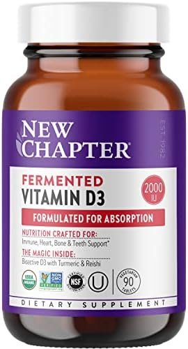 New Chapter Fermented Vitamin D3 2,000 IU, Organic, ONE Daily for Immune, Heart & Bone Support + Whole-Food Turmeric, Adaptogenic Reishi Mushroom, 100% Vegetarian, Gluten Free, 90 Count