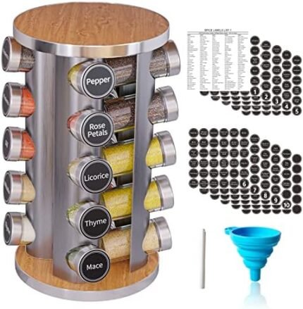 New England Stories Revolving Spice Rack Set with 20 Spice Jars, Kitchen Spice Tower Organizer for Countertop or Cabinet - Carousel Storage Includes 386 Spice Labels