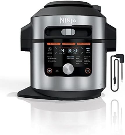 Ninja OL701 Foodi 14-in-1 SMART XL 8 Qt. Pressure Cooker Steam Fryer with SmartLid & Thermometer + Auto-Steam Release, that Air Fries, Proofs & More, 3-Layer Capacity, 5 Qt. Crisp Basket, Silver/Black