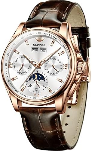 OLEVS Dress Watches for Men Brown/Black Leather Strap Automatic Self Winding Wrist Watch with Waterproof Moon Phase Sapphire Crystal Diamond Dial