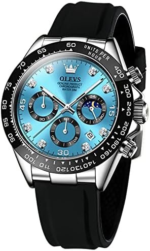 OLEVS Men Analog Quartz Waterproof Watches Multifunction Chronograph Diamond Moon Phase Luminous Silicone Band Wrist Watches