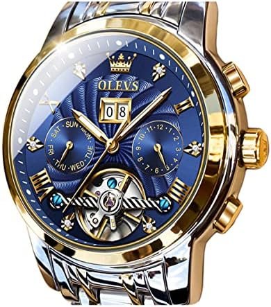 OLEVS Men Automatic Watch Skeleton 5 Hands Mechanical Classic Luxury Multi Calendar Stainless Steel Waterproof Wrist Watch for Men