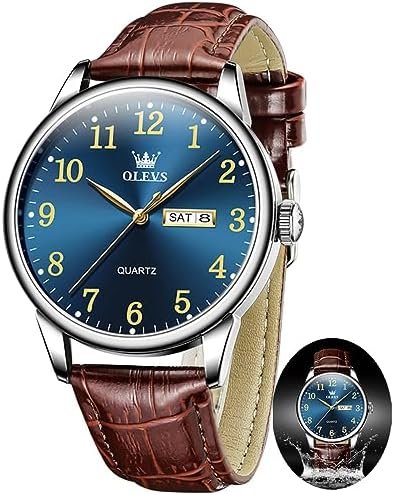 OLEVS Men' Leather Watches, Arabic Numerals Men Easy Read Watches, Simple Style Calendar Large Face Watches for Men (White/Black/Blue Dial)