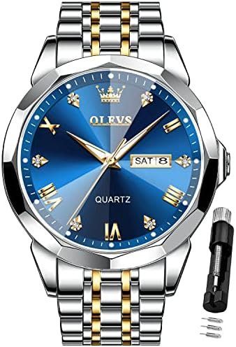 OLEVS Men Watches Business Dress Diamond Analog Quartz Date Luxury Wrist Watch Casual Stainless Steel Waterproof Luminous Two Tone Watch for Men