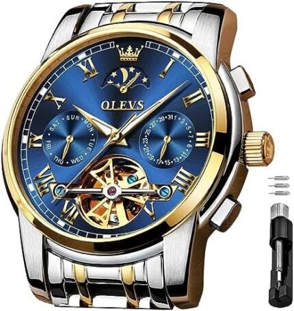 OLEVS Men's Automatic Mechanical Watches Luxury Dress Waterproof Self Winding Moon Phase Chronograph Stainless Steel Luminous Date Tourbillon Wristwatch for Men