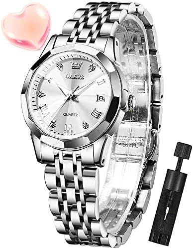 OLEVS Silver Watch for Women Analog Quartz Diamond Fashion Elegant Dress Ladies Watch Stainless Steel Two Tone Day Date Wrist Watches Waterproof Luminous