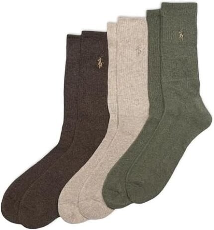 POLO RALPH LAUREN Men's Ribbed Casual Crew Socks-3 Pair Pack-Cotton Comfort & Heel-Toe Reinforcement