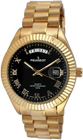 Peugeot 14K All Gold Plated Big Face Luxury Watch with Day Date Windows, Roman Numerals & Coin Edge Fluted Bezel Watch