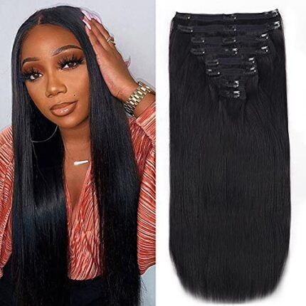 Pobokix Clip in Hair Extensions Real Human Hair Straight Brazilian Human Hair Clip in Extensions 8Pcs Seamless Clip ins for Black Women Lace Weft 18Clips 120g (18inch, Natural Black)