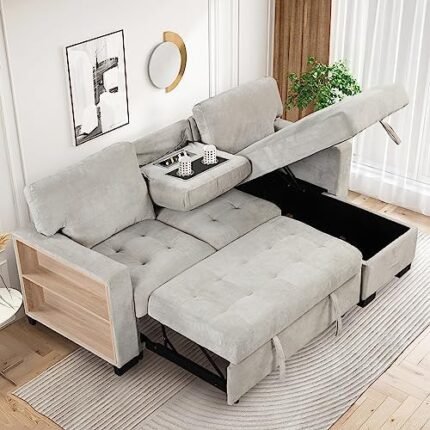 Pull Out Sleeper Sofa L-Shape Sofa Sectional Sofa Bed with Storage Rack, Drop Down Table and USB Charger for Living Room (Light Grey)