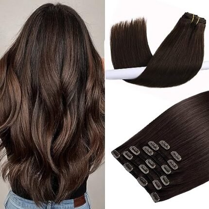 PurFashion Clip in Hair Extensions Real Human Hair 70g 18inch 7pcs Dark Brown Clip in Hair Extensions Real Human Hair Straight Thick Natural Remy Hair Extensions Clip for Women