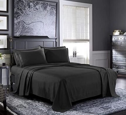 Pure Bedding Bed Sheets - Full Sheet Set [6-Piece, Black] - Hotel Luxury 1800 Brushed Microfiber - Soft and Breathable - Deep Pocket Fitted Sheet, Flat Sheet, Pillow Cases