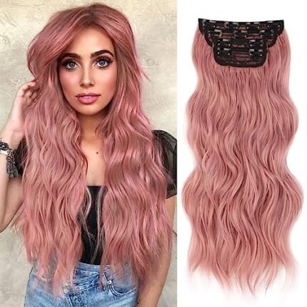 QGZ Pink Clip in Hair Extensions for Women 4PCS Set of Thick, Synthetic Long Wavy Hair Extension 20 Inch (20 Inch, Pink)