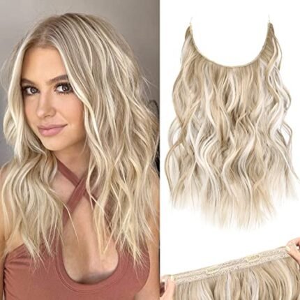 REECHO Invisible Wire Hair Extensions with Thinner Softer Lace Weft Adjustable Size Removable Secure Clips in Wavy Secret Hairpiece for Women 12 Inch (Pack of 1) - Ash Blonde with Highlights