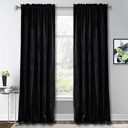 RYB HOME Blackout Velvet Curtains - Thermal Insulated Window Curtains for Bedroom Backdrop, Energy Efficient Panels Drapes for Living Room Sliding Glass Door, Wide 52 x Long 96 inches, Black, 2 Pcs