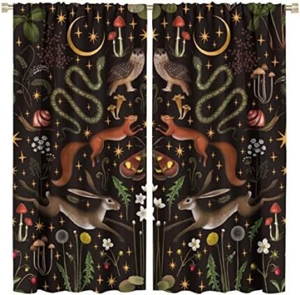 Rustic Forest Blackout Curtains Fairy Tale Forest Land Wild Animals Moths and Flowers Moon Star Background Suitable for Farmhouse Cottage Window Drapes Decoration 2 Panels 42x45 Inch