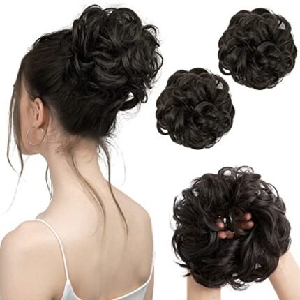 SARLA Black Brown Hair Bun Extensions Synthetic Updo Messy Bun Hair Piece for Women Girls 2PCS