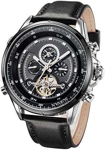 SURVAN WatchDesigner Men's Automatic Watch Dual Time Zone Mechanical Skeleton Watch Genuine Leather Strap