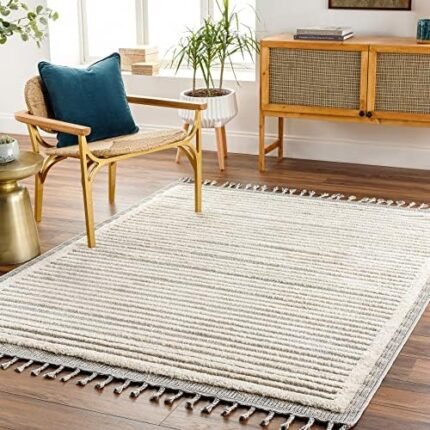 SURYA Sousse Global Striped Area Rug,4'2" x 5'7",Medium Gray