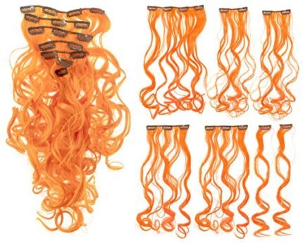 SWACC 7 Pcs Full Head Party Highlights Clip on in Hair Extensions Colored Hair Streak Synthetic Hairpieces (20-Inch Curly, Orange)