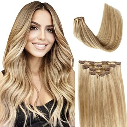 Seamless Clip in Hair Extensions Human Hair Golden Blonde to Medium Blonde Hair Extensions Clip in Human Hair 100% Real Hair for Women Soft Straight Clip ins Hair Extensions No Tangle 12 Inch 70g 5pcs