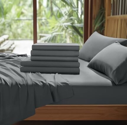 Shilucheng 100% Cooling Bamboo_ Sheets Set- Queen Size 1800 Thread Count Soft Bed Sheets,16 Inch Deep Pocket,Breathable,Comfortable and Pilling Resistant -4PC(Queen,Dark Grey)